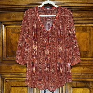 Rose & Olive Shirt Womens PLUS 1XL Red Orange Sheer V Neck 3/4 Sleeve Boho Top - Picture 1 of 10
