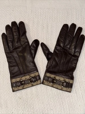 Guantes de jaquard Coach para mujer 100 % cuero esculpidos firma marrón talla 7 Foto 1 de 4