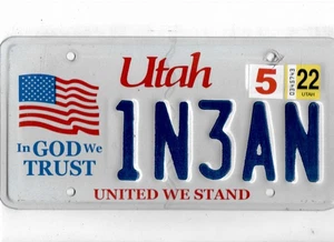 UTAH passenger 2022 license plate "1N3AN" **UNITED WE STAND***IN GOD WE TRUST*** - Picture 1 of 1