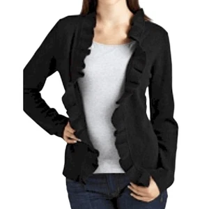 Garnet Hill 100% Cachemira Frente Abierto Negro Suéter delicado Cuello Volantes - Imagen 1 de 8