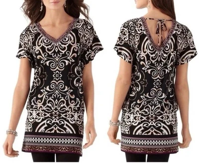 Top de Vestido WHBM Negro Azul Blanco L Grande Manga Corta Dolman Elastizado V Lavable Foto 1 de 4