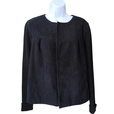 Studio Works Women Faux Suede Black Jacket Petite 16P Knit Sleeves Magnetic Snap - Image 1 of 4