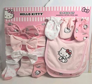 Sanrio Hello Kitty Pink/White Print 12-Piece Set 0-9M Bibs Socks Baby Headbands  - Picture 1 of 6