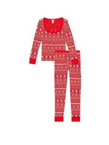 Victoria’s Secret PINK Logo Red Thermal Pajama Set XS Fair Isle 2pc Top Bottoms - Picture 1 of 15
