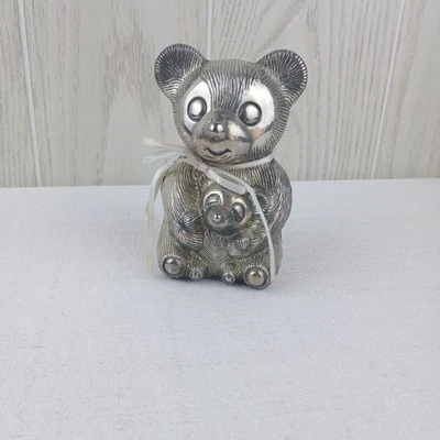 Boneco antigo de ursinho de pelúcia banhado a prata cofrinho caixa de economia de dinheiro - Imagem 1 de 4
