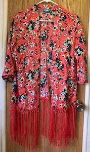 Nanette Lepore Pink Floral Kimono L'Amour Fringe Women's Size M Open Front - Picture 1 of 6