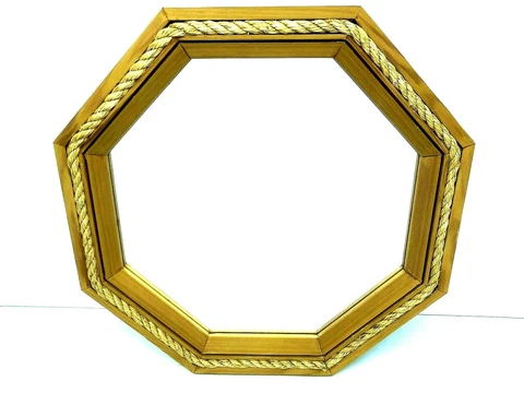Used Wood Framed Octagonal Rope Nautical Theme Style Wall Hanging Vanity Mirror Cover