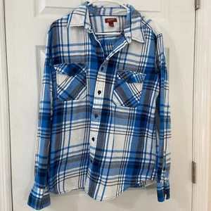 Men’s Large Arizona Plaid Flannel Long Sleeeve Button Up Shirt Blue Black White - Picture 1 of 7