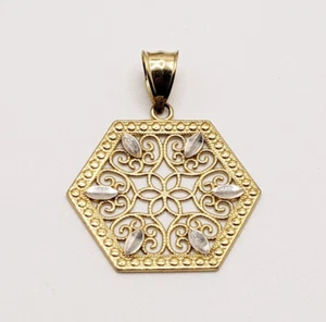 10K Yellow Gold *2 tone Filigree Hexagon Pendant/Charm - Picture 1 of 8