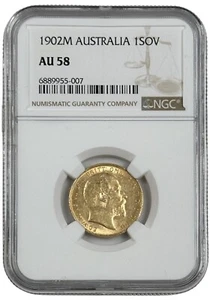 1902 M Melbourne Australia 1 Sovereign Coin 0.2354 oz NGC AU 58 - Picture 1 of 2