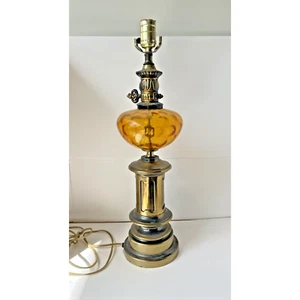 Vintage MCM Amber Glass Globe and Brass Table Lamp, Large Size - Picture 1 of 7