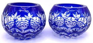 Set 2 portacandele votivi vintage Godinger cristallo tagliato a trasparente blu cobalto - Foto 1 di 6