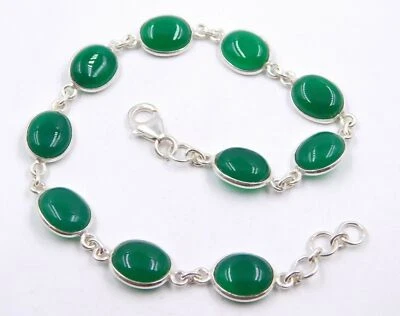 Pulsera hecha a mano de plata de ley 925 con piedra de cabina de ónix verde natural Foto 1 de 4