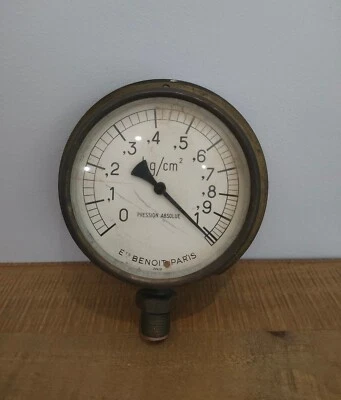 Ancien Manomètre De Pression Absolue Ets BENOIT Paris Kg/cm² Laiton - Collection - Photo 1/4