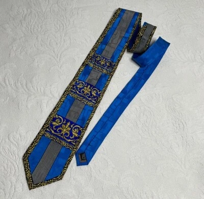 Corbata vintage Bruno Piattelli azul amarillo negro patrón elaborado, 100 % seda pura Foto 1 de 4