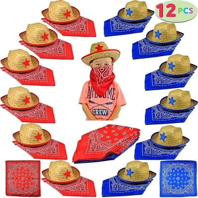Pacote de 12 chapéus de cowboy de palha para crianças com bandanas de cowboy (6 vermelhos e 6 azuis) P - Imagem 1 de 4