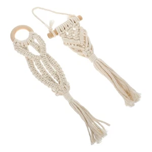 2 Pcs Bohemian Cotton Rope Macrame Plant Hanger Wood Hanging Indoor Planter - Picture 1 of 12