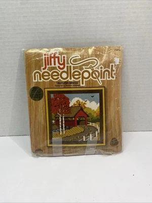 Jiffy Needlepoint Autumn Bridge 1977 Vintage Kit Canvas Wool Yarn Jennings 5748 - Image 1 of 4
