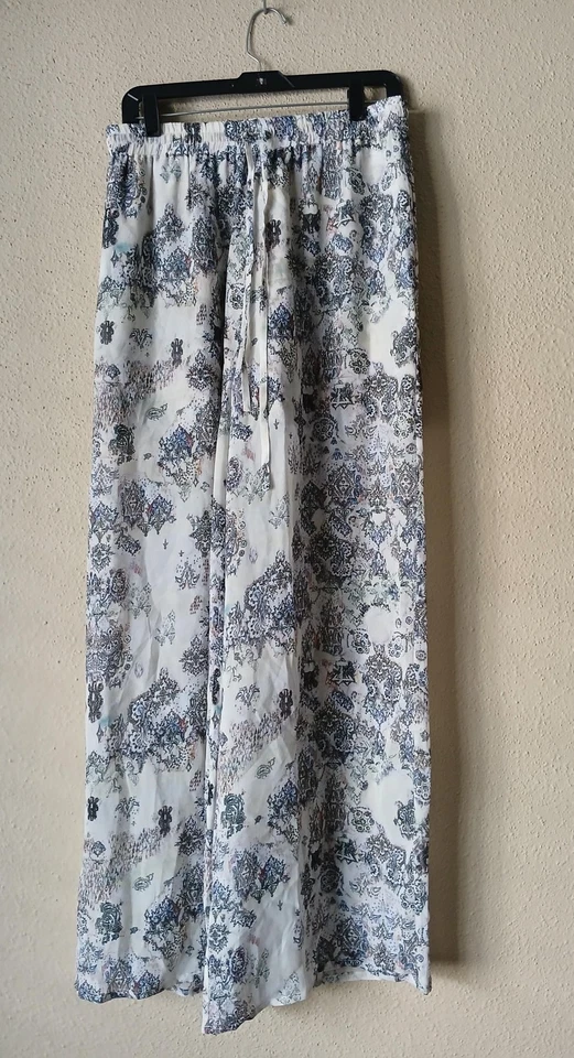 Pantalones IRO Zallie Mujer 40 Blanco Azul Estampado Pierna Ancha Cintura Elástica Viscosa Boho Foto 1 de 4