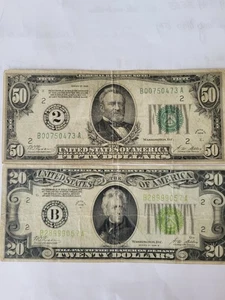 1928 $20. & $50. DOLLARS FEDERAL RESERVE NOTE NEW YORK " REDEEMABLE IN GOLD" - Picture 1 of 13