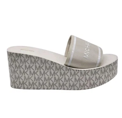 Sandalias sin cordones Michael Kors Eva con plataforma de cuña para mujer 10 con logotipo beige blanco Foto 1 de 4