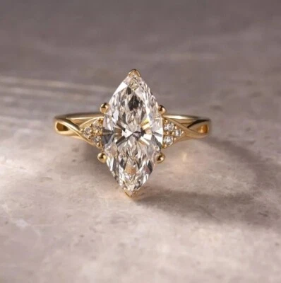 2.20Ct Marquise Cut Real Moissanite 14k Yellow Gold Plated 925 Engagement Ring - Image 1 of 4