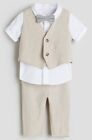 H And M Linen Blend Oufit Shirt Waistcoat Trousers Bow Tie 4 6M Wedding Christening