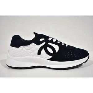 Chanel 22S Men Blue Suede White CC Logo Low Top Lace Up Trainer Sneaker 44 11 - Picture 1 of 10
