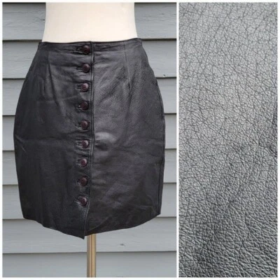 Vintage 90s y2k Bratz Black Leather Button Front High Waisted Mini Skirt 10 - Image 1 of 4
