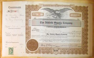 Stock certificate Athletic Supply Comp. Toledo OH 1919 with 1 Documentary stamp - Picture 1 of 4