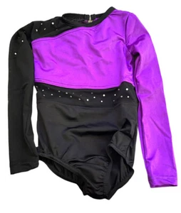 Weissman XSC Dance Costume Purple Black Rhinestone Long Sleeve Leotard - Picture 1 of 8