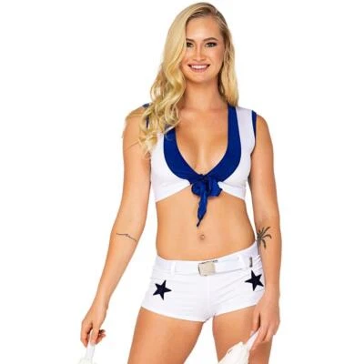 Черлидер костюм комплект галстук спереди укороченный верхний шорты синий звезды нашивка помпоны 5127 - Изображение 1 из 4