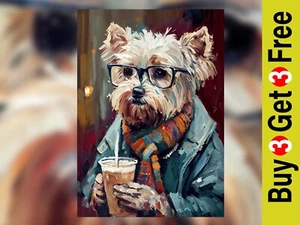 Hipster Dog Drinking Coffee, Oil Painting Print 5" x 7" on Matte Paper - Picture 1 of 18