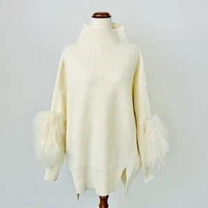 Bubish Womens Knit Jumper Wool Blend Cream Mongolian Fur Mock Neck Size S/M - Afbeelding 1 van 7