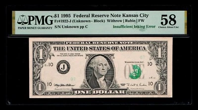 1995 $1 Kansas City Insufficent Inking Error PMG UNC 58 - Image 1 of 2