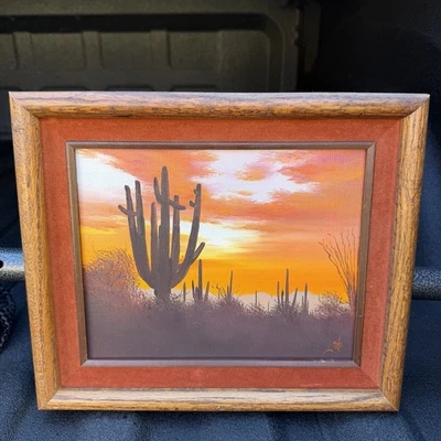 Vintage Southwest Desert Sunset Saguaro Oil Painting Framed 13x11 Signed - Image 1 of 3