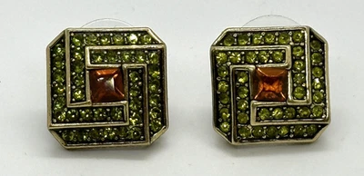 Heidi Daus NEW Crystal Geometric Stud Earrings Pierced Antique Gold Tone 15mm - Image 1 of 4