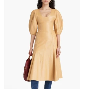 Damen Echtleder Midikleid | Ausgestelltes Puffärmel Freizeit Lederkleid Damen - Bild 1 von 6