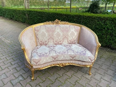 Couch Sofa Settee French Louis XVI Corbeille Pink Damask Gold Leaf Antique - Image 1 of 4