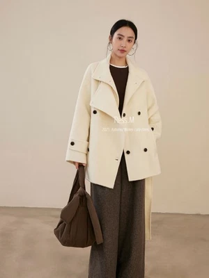 Casacos longos soltos curtos de lã de ovelha cashmere colarinho suporte feminino inverno - Imagem 1 de 4