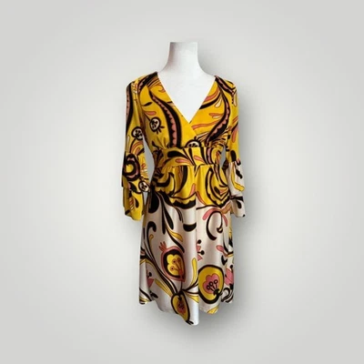 Betsey Johnson Sz 0 Vintage Yellow & Peach Retro Floral Empire Tied Waist Dress - Image 1 of 4