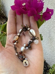 Nakamol Brown Cord Knotted Bracelet Beaded Pearls Quartz Brass Wood MOP - Picture 1 of 2