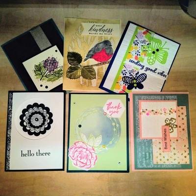 Seis tarjetas de felicitación hechas a mano, buenas vibraciones, hola, gracias, en blanco, mejores deseos, amabilidad Foto 1 de 4