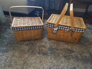 (2) Large And Small Picnic Baskets W/ Gingham Check Fabric, Blue & White - Picture 1 of 16
