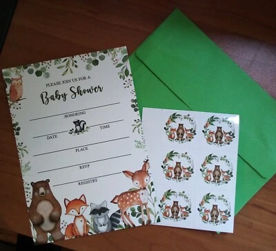  Invitaciones y tarjetas de agradecimiento Woodland Baby Shower ciervo mapache zorro animales Foto 1 de 4