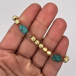 Vintage 14k Yellow Gold Diamond Cut Bead and Turquoise 7" Bracelet - Picture 1 of 5