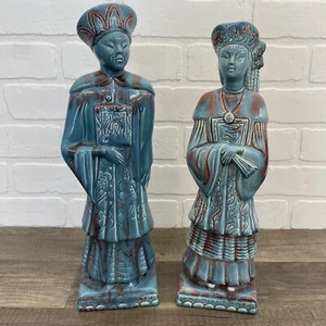 Ceramiche Artistiche Vintage Turchese Blu Smaltato Cinese Uomo Donna Figure 14" - Foto 1 di 11