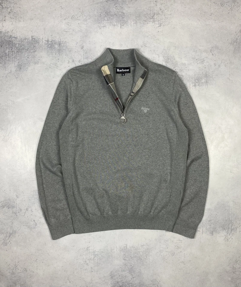 Barbour Jumper Mens Medium Gray Nova Check Half Zip Neck Cotton Sweater Knit - Image 1 of 4