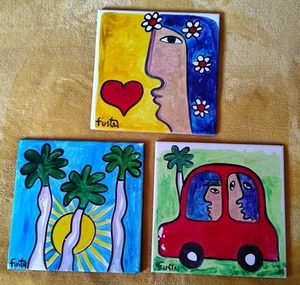 Jose Rodriguez Fuster Original Tile Art Set Of Three 1990s Signed 8x8"  - Picture 1 of 14