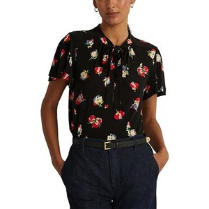 Lauren Ralph Lauren Women's Black & Red Floral Print Jersey Blouse, Size XS - Picture 1 of 5